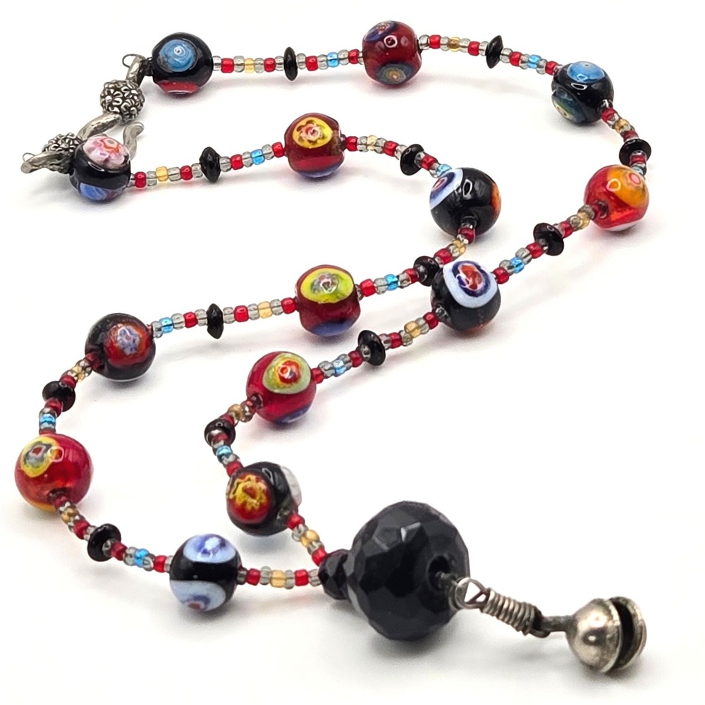 Handmade Millefiori Glass Bead Necklace Red Black Blue Floral with Bell Pendant